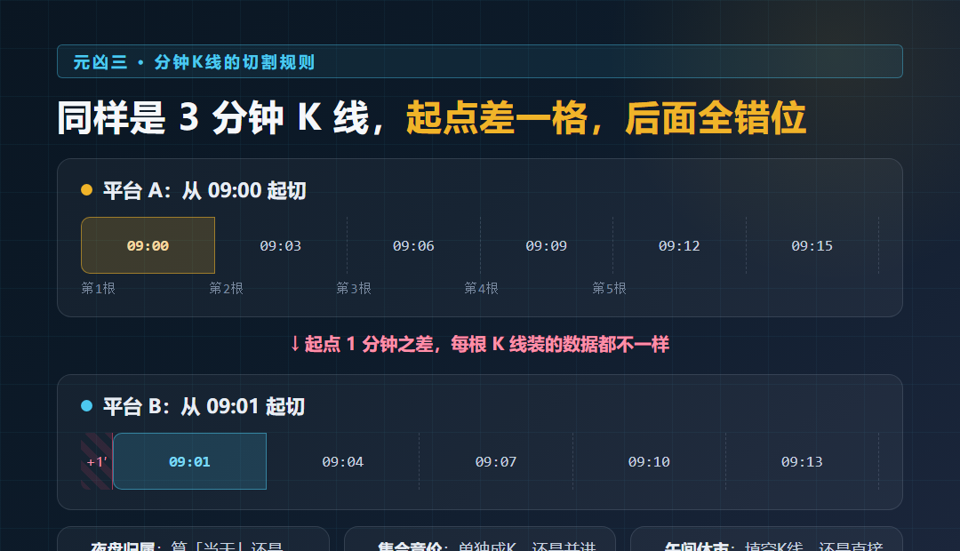 同一时段的3分钟K线,两个平台切出的第一根起点不同