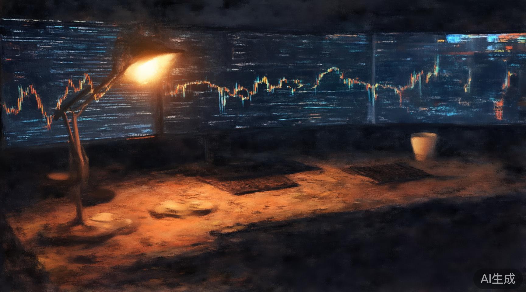 深夜的量化工作台:多屏显示交易图表和代码,台灯暖光照亮散落的笔记——三年积累的缩影